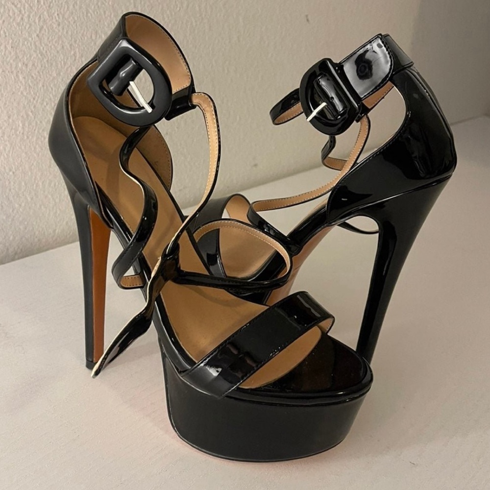 Black stiletto Shiny Faux Leather Platform Heels